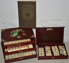 MAHJONG SET W/ FITTED CABINET W/ 5 SLIDE DRAWERS W BRASS DECORATION