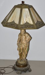 VINTAGE CARMEL SLAG GLASS TABLE LAMP W/ SHAKESPEAR FIGURAL BASE