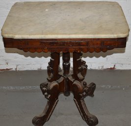 EASTLAKE VICTORIAN WALNUT MARBLE TOP TABLE W/ SHAPED TOP