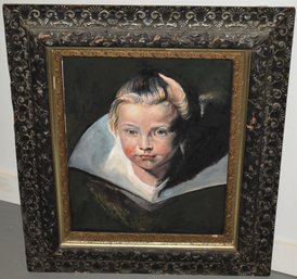 20TH CENT OIL ON CANVAS PAINTING OF YOUNG BOY W. COAT W/ LARGE WHITE COLLAR