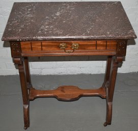 VICTORIAN WALNUT MARBLE TOP 1 DRAWER SIDE TABLE