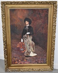 20TH CENT OIL ON CANVAS OF YOUNG LADY IN VICTORIAN DRESS ATTIRE HOLDING BASKET OF FLOWERS