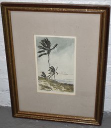 SIGNED COLORED ETCHING OF PALM TRESS & SEASCAPE W/ LIGHTHOUSE IN THE DISTANCE
