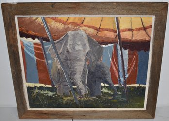 OIL PAINTING OF CIRCUS ELEPHANT & CALF
