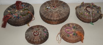 (5) VINTAGE CHINESE SEWING BASKETS W/ COINS, BEADS & TASELS