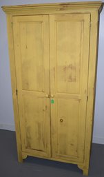 MODERN PAINTED COUNTRY PINE 2 DOOR WALL CUPBOARD OR ARMOIRE IN MUSTARD PAINT