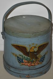 LG. PAINTED BLUE WOODEN FIRKIN W/ AMERICAN SPREAD EAGLE DECAL ON FRONT  - FINGER BANDED