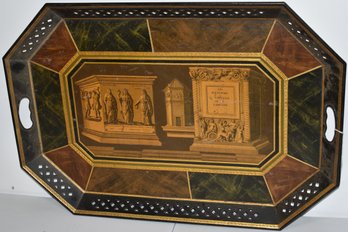 VINTAGE PAINTED & DCOUPAGE TRAY W/ RETICULATED GALLERY