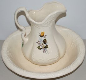 LATE 20TH CENT IRONTSONE POTTERY PITCHER & BOWL SET W/ FLORAL DECAL DECORATION