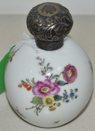 DECORATED DRESDEN COLOGNE BOTTLE W/ REPOUSSE ENGLISH SILVER TOP
