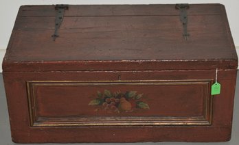 19TH CENT PAINTED FLAT TOP TOOL BOX IN OLDER RED PAINT W/ FRUIT STENCIL