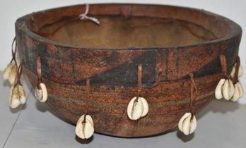 CARVED AFRICAN GOURD BOWL W/ APPLIED LEATHER & SEA SHELL DECORATION