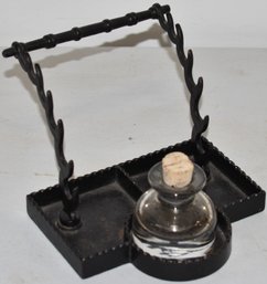 CAST IRON INK STAND W/ CLEAR GLASS INK BOTTLE