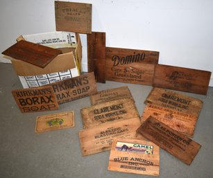 BOX LOT VINTAGE WOODEN CRATE ADVERTISING PANELS