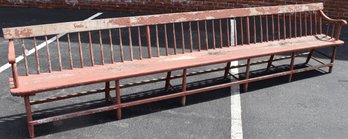 LONG PAINTED DEACONS BENCH IN OLDER BURN RED PAINT
