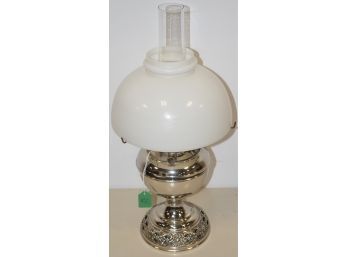 BRADLEY & HUBBARD NICKEL PLATED OIL LAMP W/ CLEAR CCHIMNEY & MILKGLASS SHADE