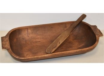 OBLONG WOODEN TRENCHER BOWL W/ HANDLES TOGETHER W/ SMALL WOODEN PADDLE