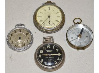 (3) VINTAGE POCKET WATCHES TOGETHER W/ BRASS COMPASS WATCHES