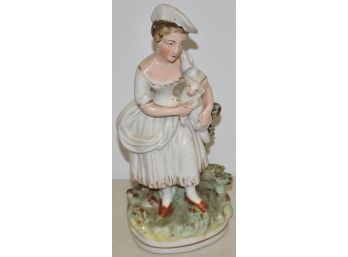 9 1/4' VICTORIAN STAFFORDSHIRE FIGURE OF YOUNG GIRL HOLDING LAMB