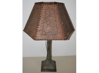 BRONZED TABLE LAMP W/ TEXTURED VELLUM STITCHED HEXAGON SHADE