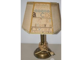 BRASS TABLE LAMP W/ FABRIC HEXAGON SHADE