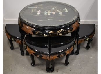 VINTAGE BLACK LACQUER LOW ROUND TABLE & 4 BENCHES