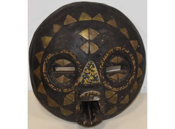 VINTAGE CARVED & DECORATED AFRICAN MASK W/ BEAD WORK & INLAY