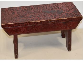 19TH CENT PAINTED PINE CRICKET STOOL IN OLD RED W/ ALLIGATOR FINISH