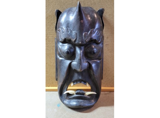 Wood Carved Demon Devil Mask, Bone Tusks 16' Tall
