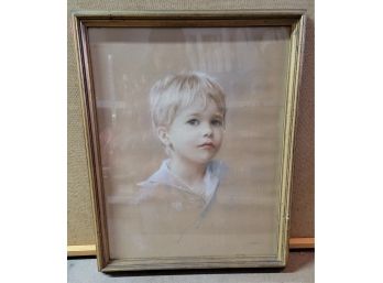 Signed Pastel Portrait Young Boy 1966 18x22 Framed, Damage On Back
