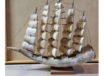25' Model Ship Carved From Cow Horn 21' Tall Folk Art