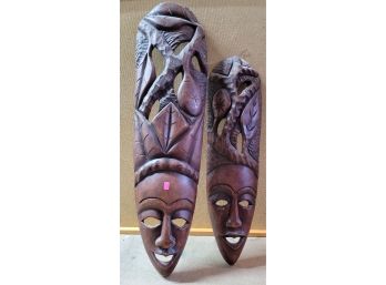 X2 Lot Wood Carved African Masks, 30' & 25' Tall, Souvenir