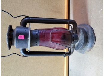 Antique Oil Lamp Lantern Red Glass Marked Syracuse & Rochester New York 15'