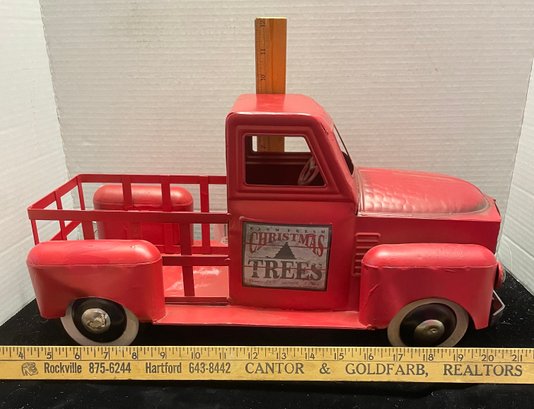 Large Red Metal Truck With Christmas Trees For Sale Sign On Door