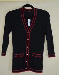NWT Talbots PETITE Knit Sweater Button Front LS NEW WITH TAGS Black W/red Piping