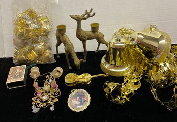 Gold Christmas Bundle Ornaments Garland Bells Candle Holders And More