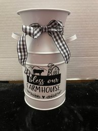 White Metal Decorative Milk Jug Says Bless Our Farmhouse B99