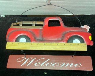 Metal Tin Sign Red Truck With Welcome Sign Underneath