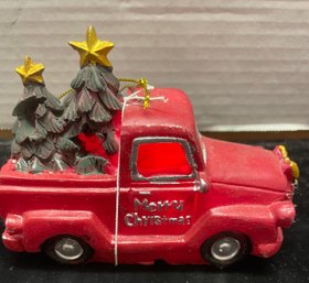 Ceramic Ornament Red Truck With Two Christmas Trees In Back Lights Up Different Colors