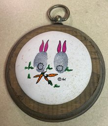 Clay Bunnies On Round Wood Wall Hanging Animals/Pets