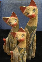 Set Of Three Decorative Wooden Folk Art Cats Animals/Pets