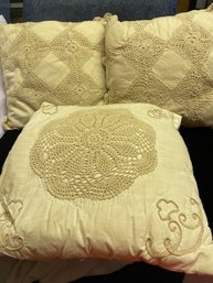 Three Throw Pillows Light Tan Color With Crocheted Lacework