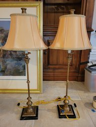 Pair Of Heavy Brass On Black Marble Two Desk Lamps Lights Pink-White Shades Set - 63