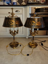 Pair Of Ornate Brass Royal Two Desk Table Lamps Lights Decorative Shades With Faux Candles - 68