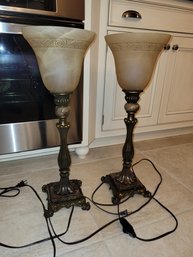 Pair Of Heavy Brass And Marble Two Desk Lamps Lights Shades Set - 69