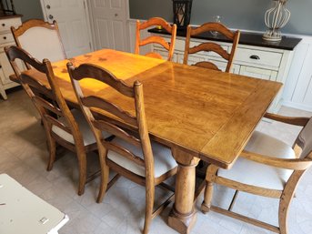 Heavy Industrial Log Cabin Style Solid Carved Wood Dining Table With Leaf And 6 Upholstered Dining Chairs