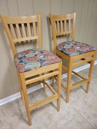Pair Of Two Upholstered Bleached Wood Tall Chairs