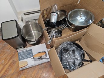 Large Lot Of Kitchenware Pots Pans Trash Can Magic Bullet Some New Stainless Steel - 20