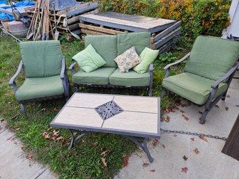 Steel Patio Set - Tile Table With 2 Armchairs And Sofa With Cushions - 71