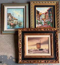 Lot Of 3 Contemporary Oil Paintings Signed Boats Sea Buildings